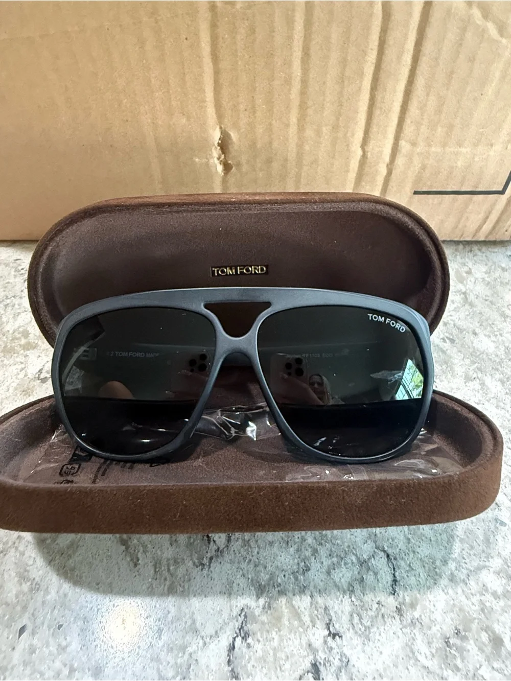 Tom Ford Black Oversized Pilot Sunglasses with Dark Lenses